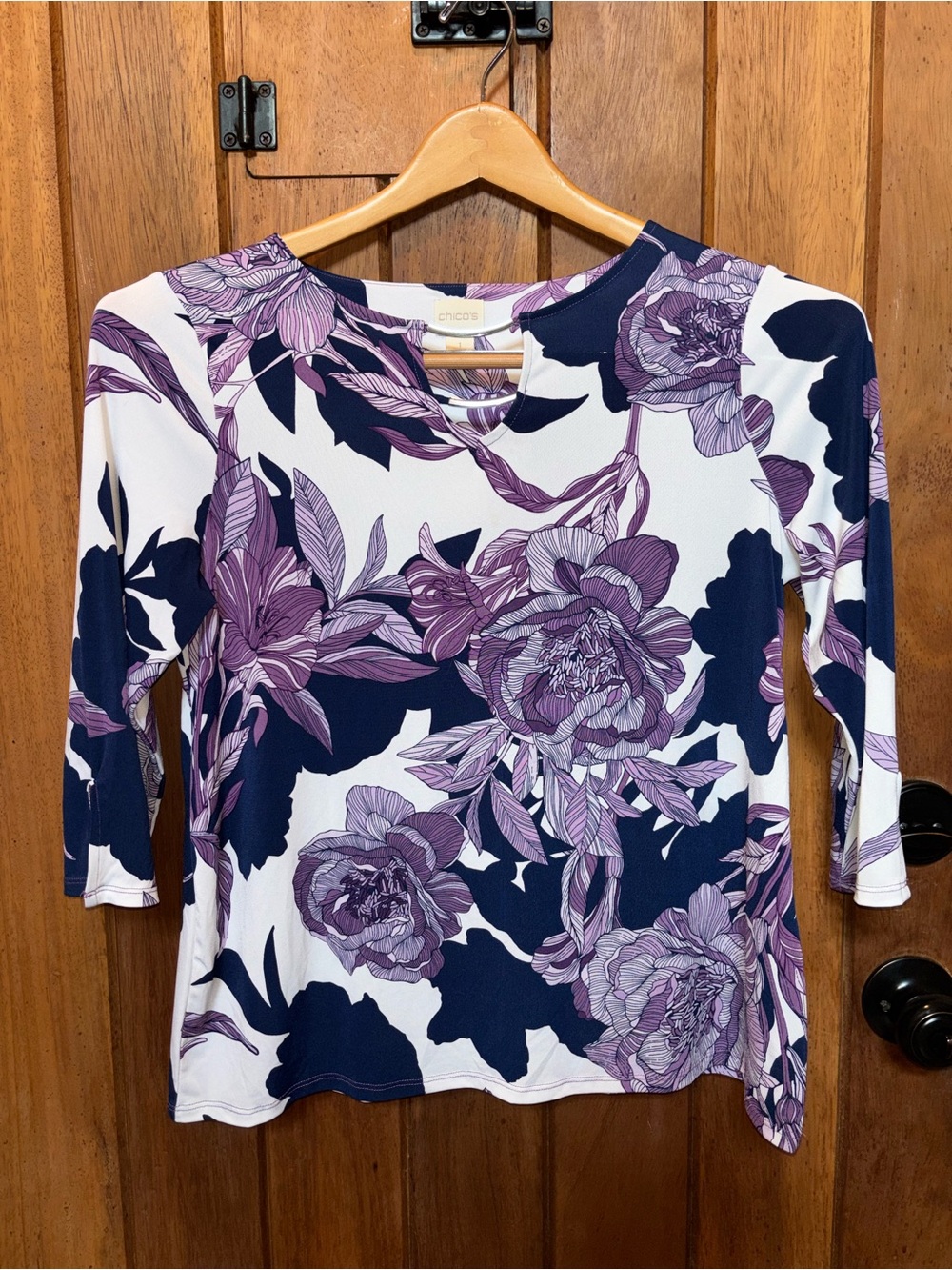 Chico's Purple, Navy, White Floral Boatneck Top